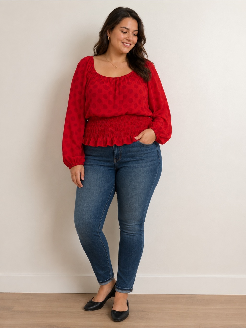 Ashley Stewart Women’s Red Polka Dot Smocked Peplum Blouse Size 22/24 NWT